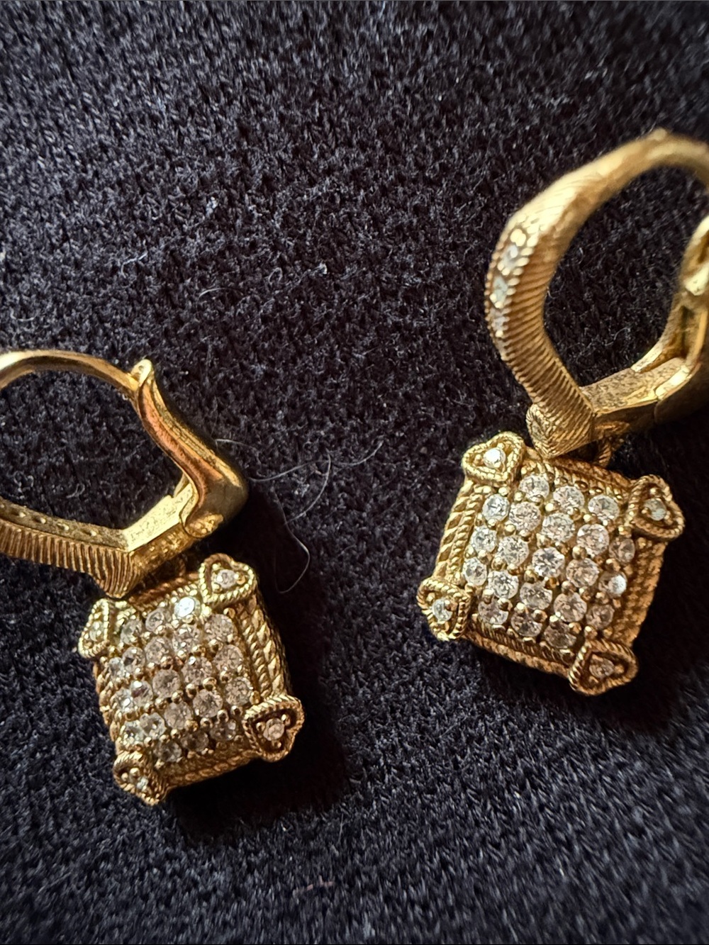 Judith Ripka 14 carat YG clad pave CZ square earrings